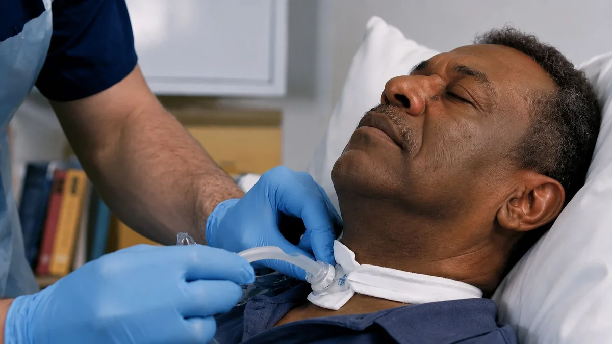 Adult client receiving tracheostomy care at home